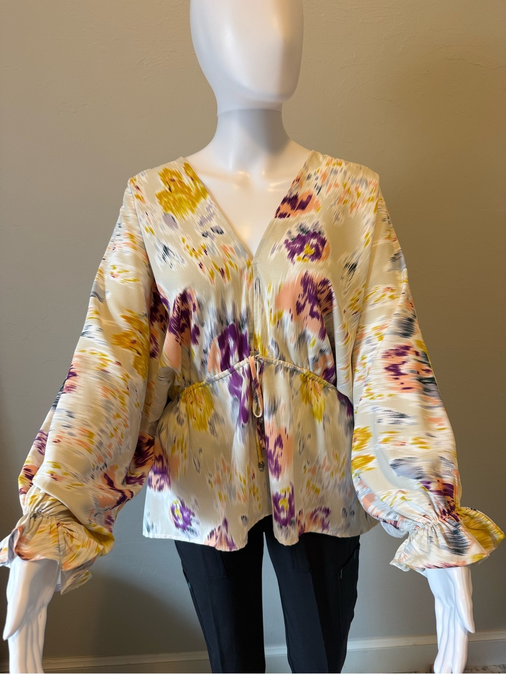 Floral V-Neck Drawstring Blouse - Cream with Yellow & Purple